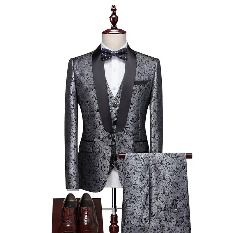 

2022 Latest Coat Pant Designs 3 Pieces Men Suits Tailor-Made Tuxedos Grey Jacquard Shawl Lapel Wedding Party Groom Costume Homme