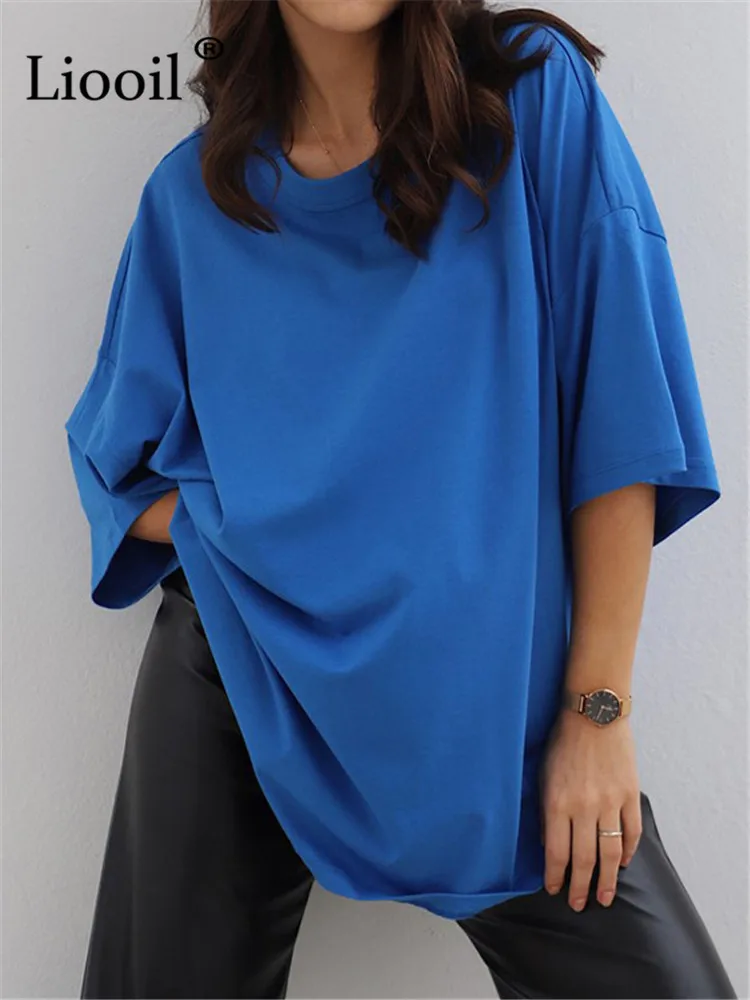 

Liooil Casual T Shirts For Women Loose Basic Top Summer 2022 New O Neck Short Sleeve Tees Streetwear Blue Green Tops Baggy Shirt