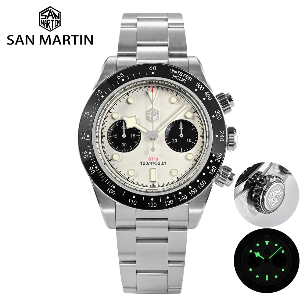 

San Martin Chronograph Watch Panda Dial Retro Seagull ST1901 Manual Mechanical Sapphire Glass C3 Luminous Luxury Dive Watch Men