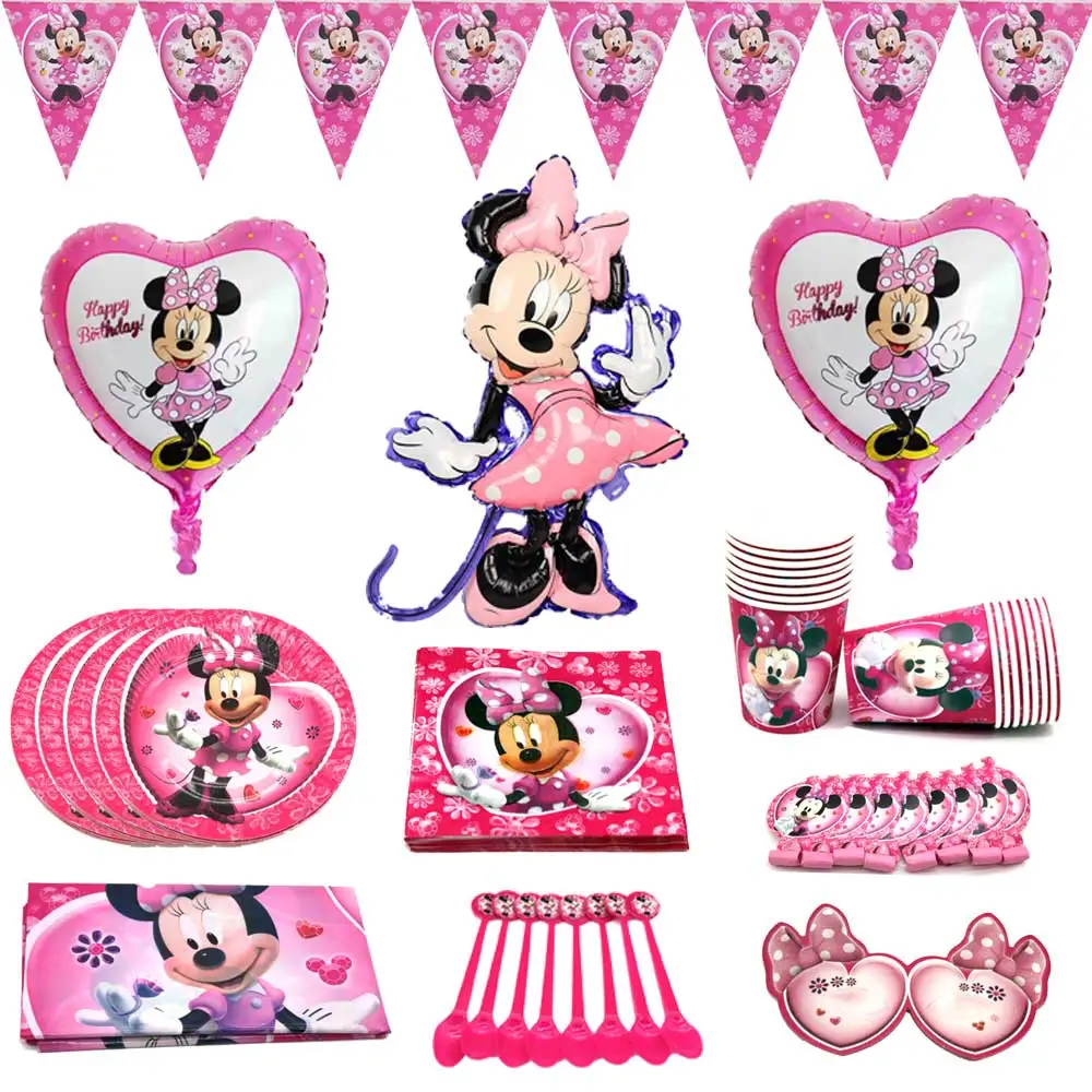 

Disney Minnie Mouse Theme Birthday Party Supplies Girl Favor Disposable Tableware Set Cup Plate Table Cover For Kids Baby Shower