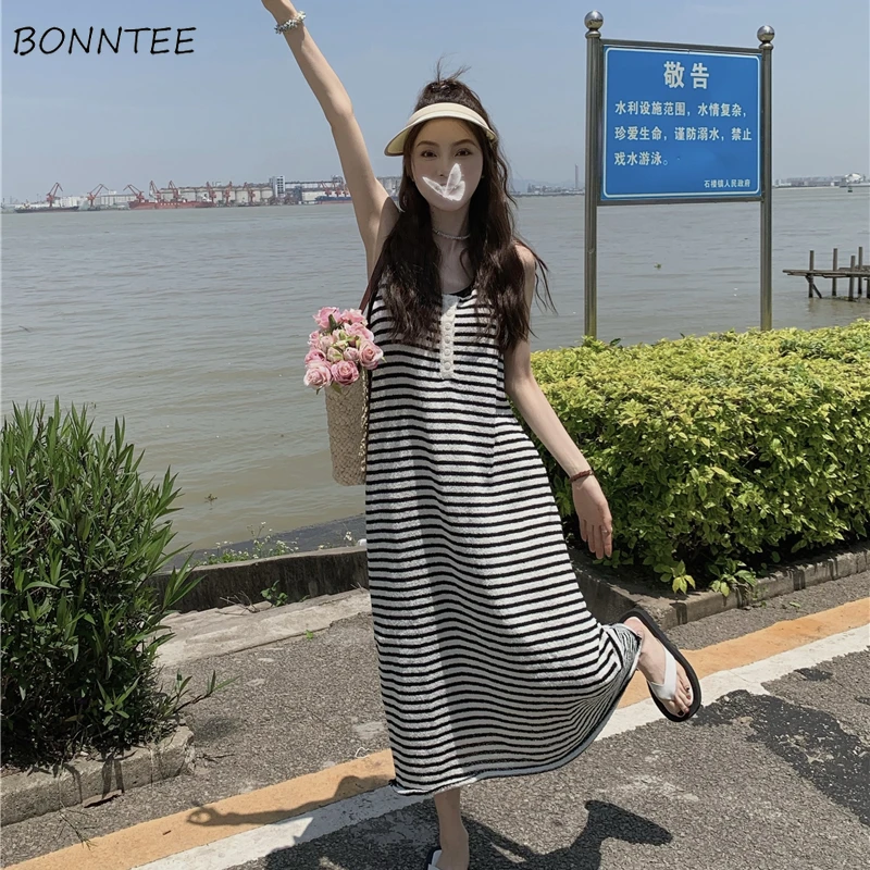 

Sleeveless Dresses Women Loose Midi Vestidos Leisure Summer Holiday Chic New Hot Sale Mujer Striped Design Korean Style Ladies
