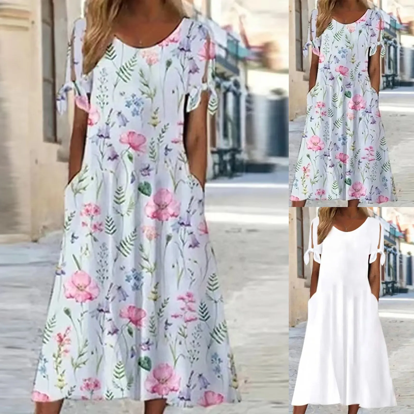 

Digital Printed New Border Women'S Loose Solid Short Sleeve Round Neck Dress Dress Casual Short