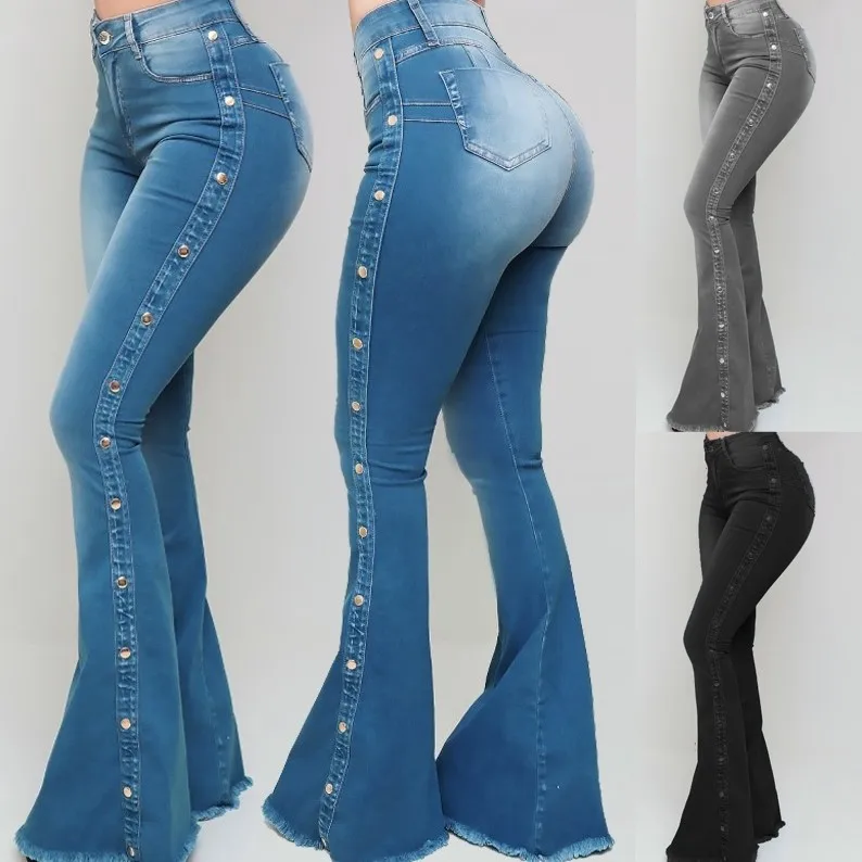 

2022 Fashion Women's Hot Sale High Waist Stretch Classic Lady Mopping Denim Waist Beads Flare Pants Wide Leg Pants Womens Jeans