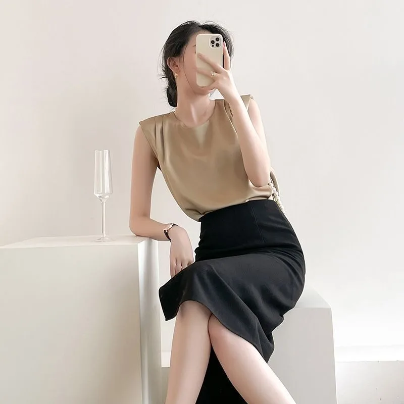 Элегантная атласная блузка QWEEK без рукавов женские офисные винтажные рубашки