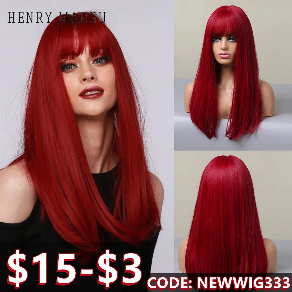 

HENRY MARGU Long Straight Red Synthetic Wigs Christmas Hair With Bangs Natural Wigs for Women Cosplay Party Heat Resistant Wigs