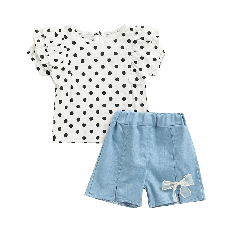 

Комплект одежды для девочек 1-4 лет, футболка с оборками и принтом в горошек, топы, шорты с бантом, летние костюмы