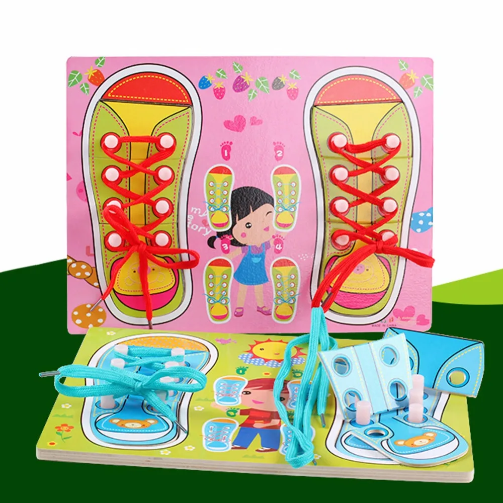 

NEW Kids Cute Wooden Shoes Clothes Puzzles Toys Children Montessori Early Learning Tie Shoelaces Puzzles Wood Beads Lacing Board