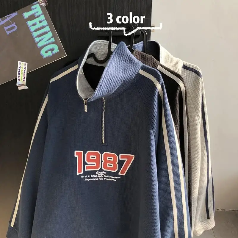 

Stand collar T-shirt men's 2022SS loose half zipper Preppy long- sleeve jacket Korean unisex trend hip hop pullover letter top