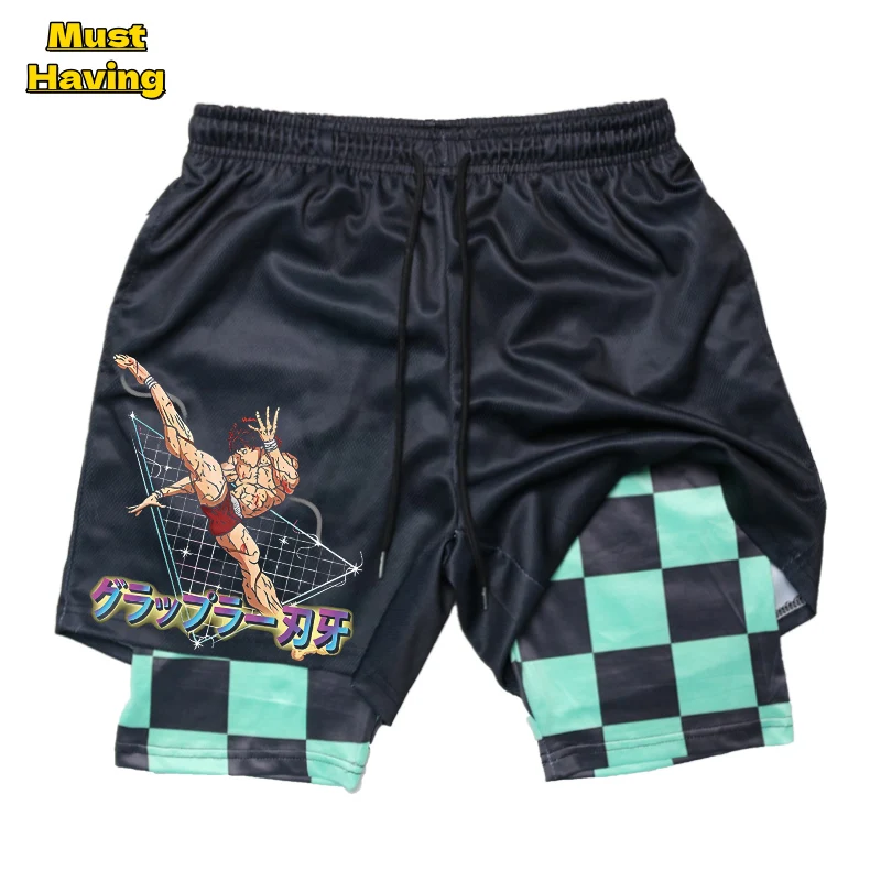 

Anime Baki Print 2-in-1 Compression Shorts for Men Quick Dry Stretchy Gym Shorts Summer Bodybuilding Fitness Workout Running