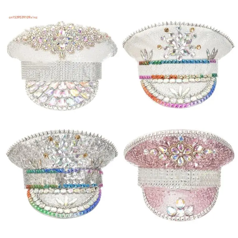 

Gleaming Bride Hat Pearls Captain Hat Encrusted Rhinestones BRIDR