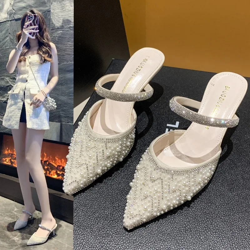

Shoes Woman 2023 Fretwork Heels Pointed Toe Glitter Slides String Bead Slippers Casual Heeled Mules Low Pantofle Jelly Luxury Th
