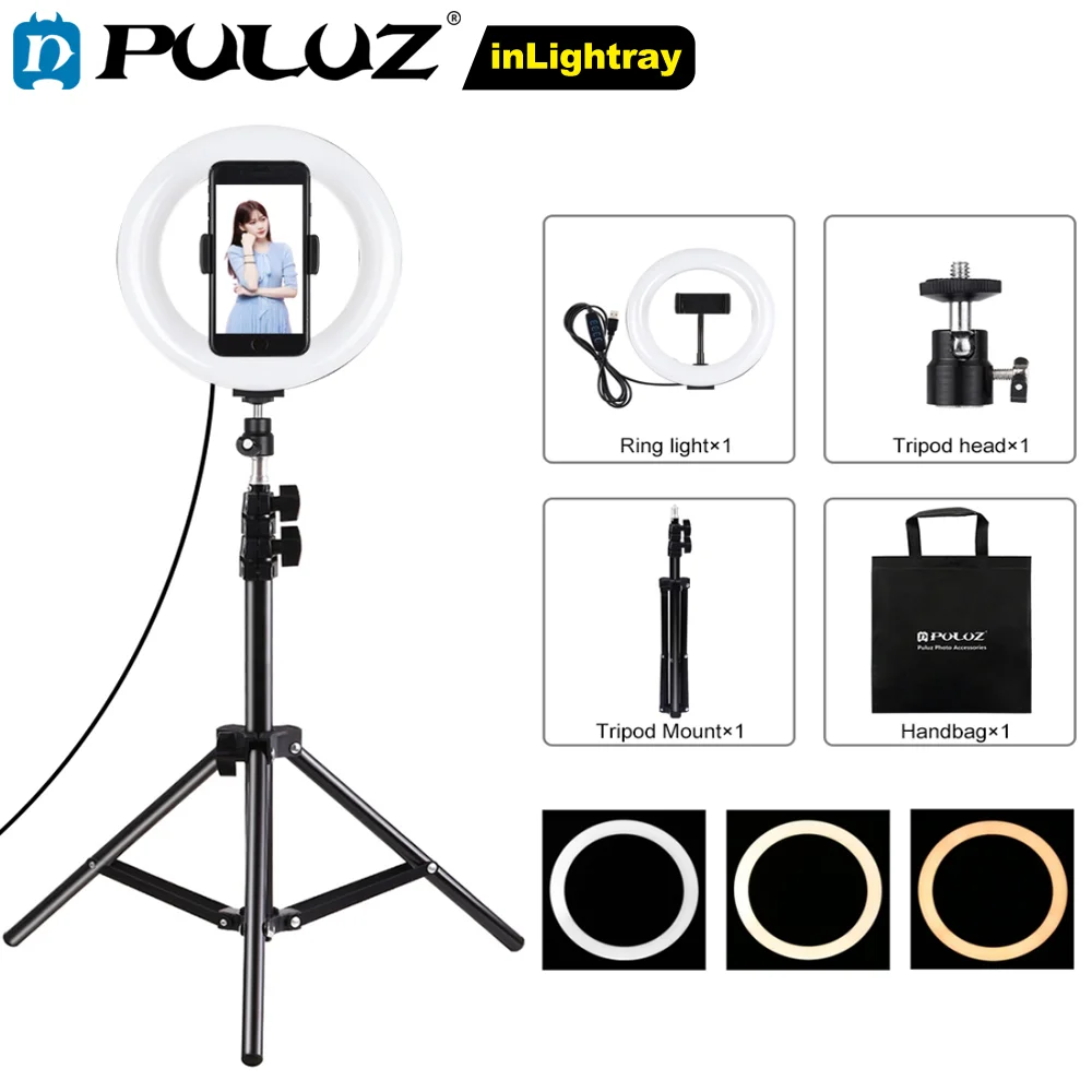 

PULUZ 7.9 inch LED Selfie Ring Light Cell Phone Clamp Tripod Stand Vlogging Video Light Kits For YouTube Blogger Video Shooting
