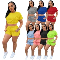 women casual shorts suit summer short sleeve solid crop tops running fitness sets 2022 lady sports slim o neck lace up outfits