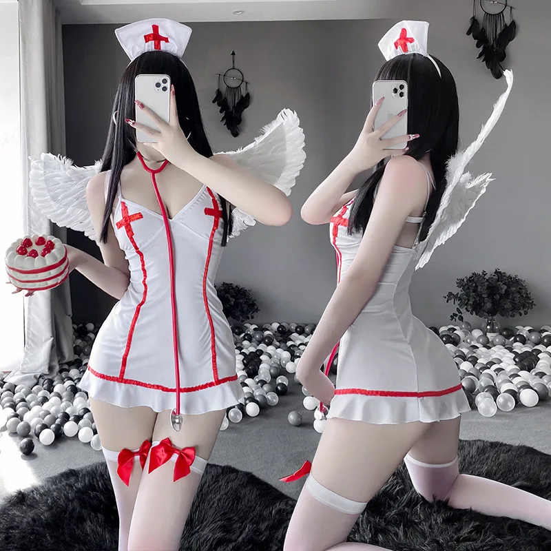 

Платье для медсестры с глубоким V-образным вырезом и открытой спиной, женская форма, милые Экзотические костюмы с оборками, облегающее белье...