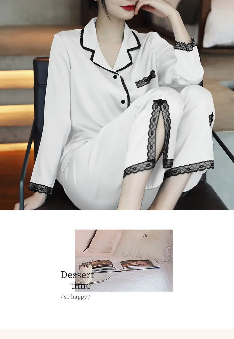 2023 pajamas women's spring and autumn long-sleeved thin ice silk new loose household clothing lace silk suit