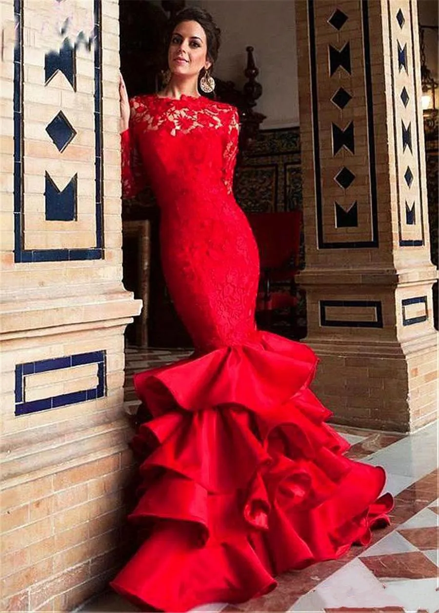 

Jewel Neckline Ruffled Mermaid Evening Dresses With Long Sleeves Lace and Satin Ruffled Skirt Red Prom Dress vestidos longos