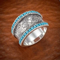 hoyon inlaid turquoise color engraved ring 925 sterling silver rings for women synthetic turquoise wedding engagement ring