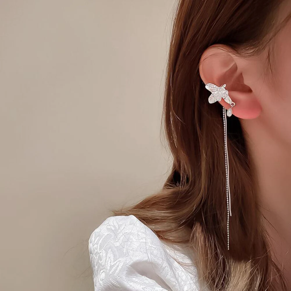 

Silver Color Metal Butterfly Ear Clips Without Piercing For Women Pearl Long Tassel Ear Cuff Clip Earrings Wedding Jewelry Gifts