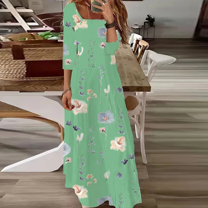 

Spring Floral Print Straight Boho Long Dress Women Square Collar Office Lady Maxi Dress New Autumn 3/4 Sleeve A-Line Party Dress