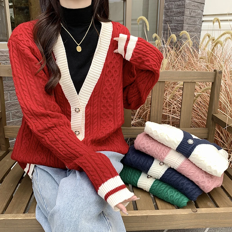 

Женский однобортный трикотажный кардиган с V-образным вырезом и длинным рукавом