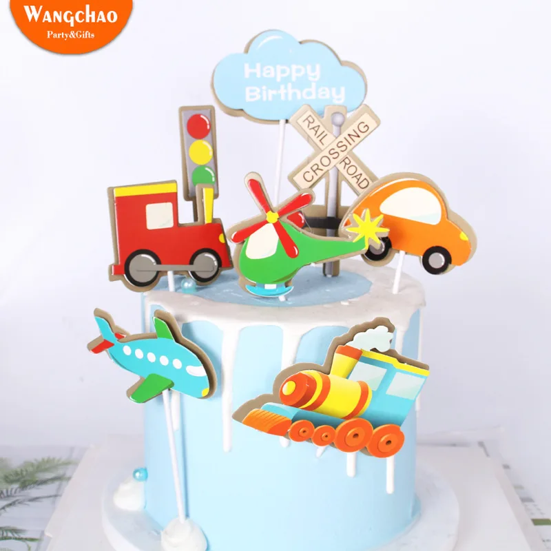 Traffic Light Locomotive Airplane Cake Decoration Rail Road Crossing Cake Topper Child Happy Birthday Party Supplies
