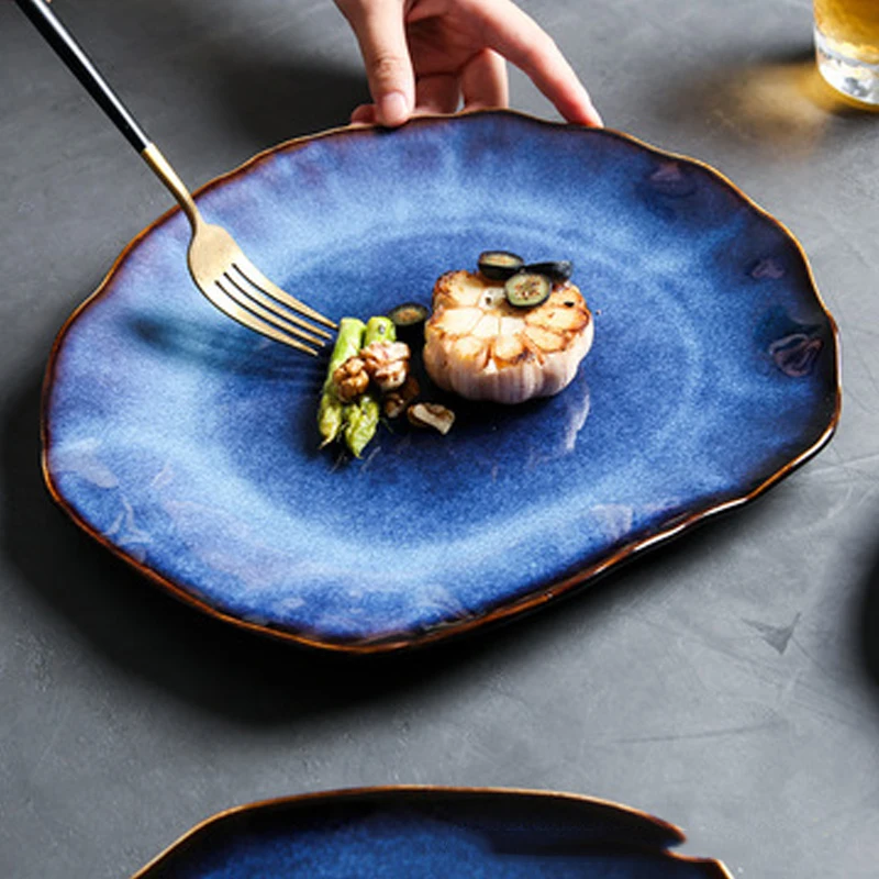 

Nordic Ceramic Irregular Dish Salad Platter Cutlery Blue Food Dish Plate Tableware Household Dinnerware Hotel Dinner Plates