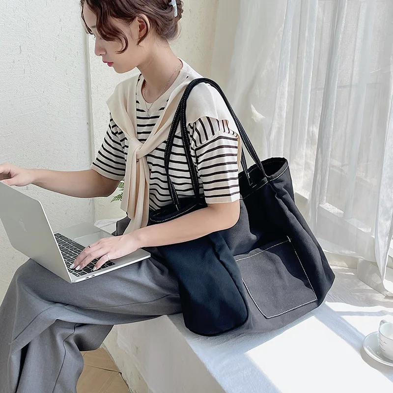 

Solid Color Hnadbags Women New Casual Canvas Bag Fashion Trend Shoulder Large Capacity Tote Summer Bags Woman 2023