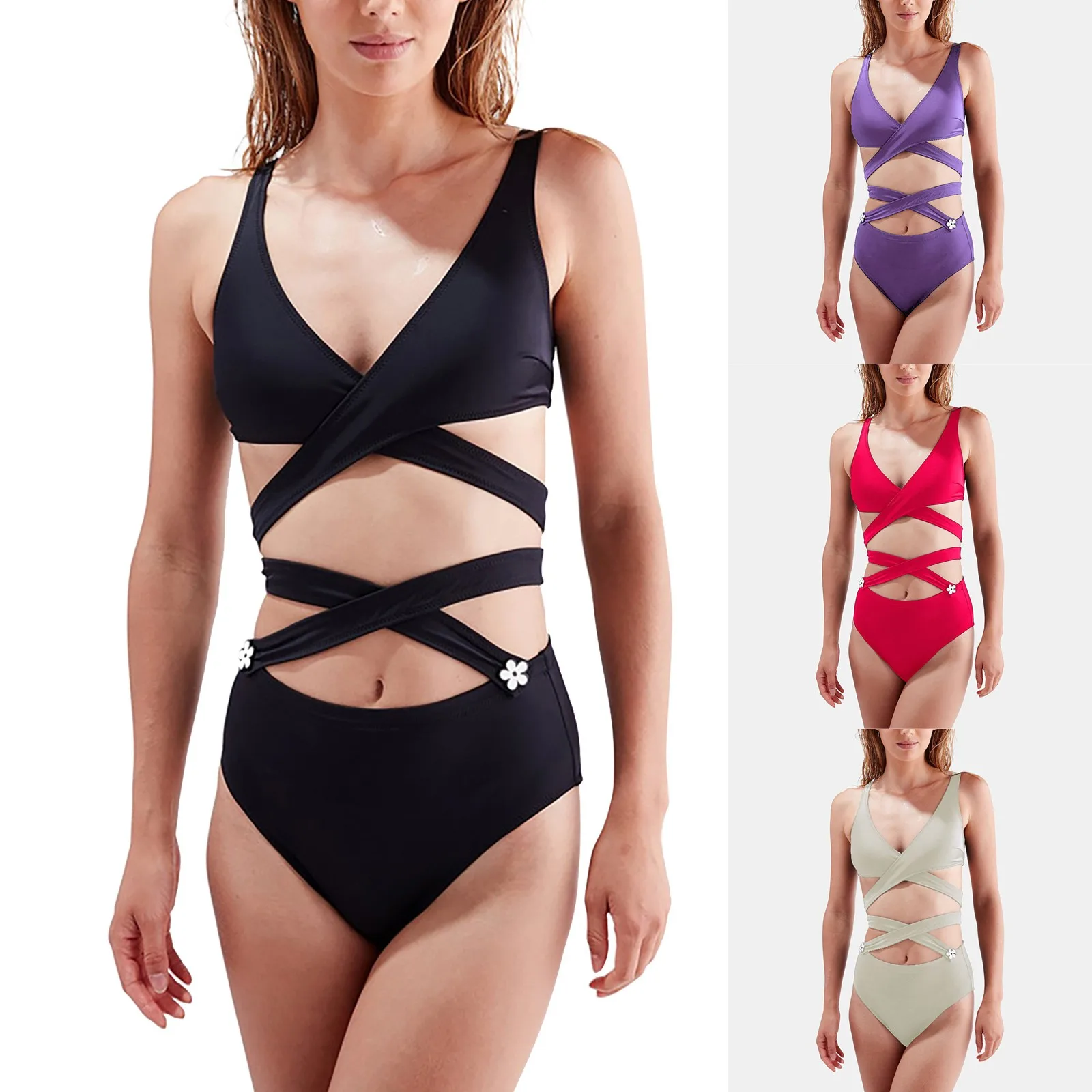 

Женский купальник, кружевной купальный костюм, сексуальный купальник из двух предметов, однотонное бикини на пуговицах с цветочным рисунко...