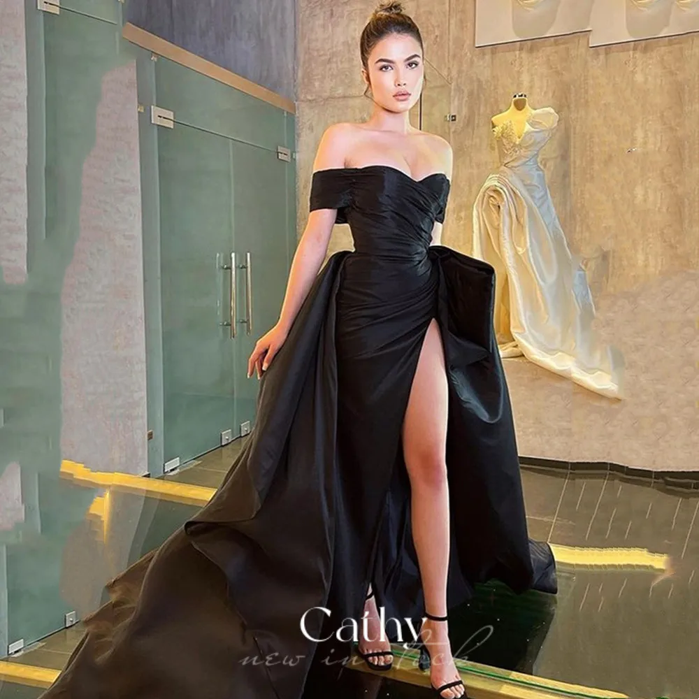 

Cathy Gorgeous Satin Vestidos De Noche With Detachable Tail Sexy Off The Shoulder Party Dresses Evening Dresses فساتين السه