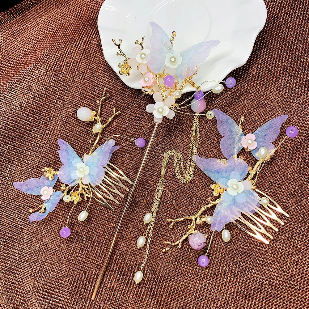 

Chinese Hanfu Traditional Classical Style Handmade Tassel Butterfly Comb Hairpin Sets Elegant Girls Butterfly Hair Accessories
