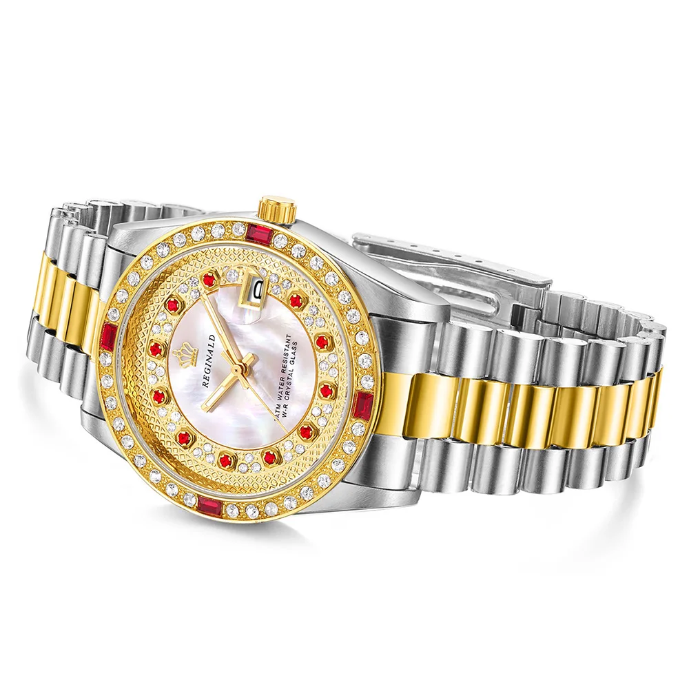 Фото Fashion Reginald Top Brand Diamonds Gold Watch Men Pearl Style Dial Full Stainless Steel Quartz Silver Date Wrist Relojrelogio №3