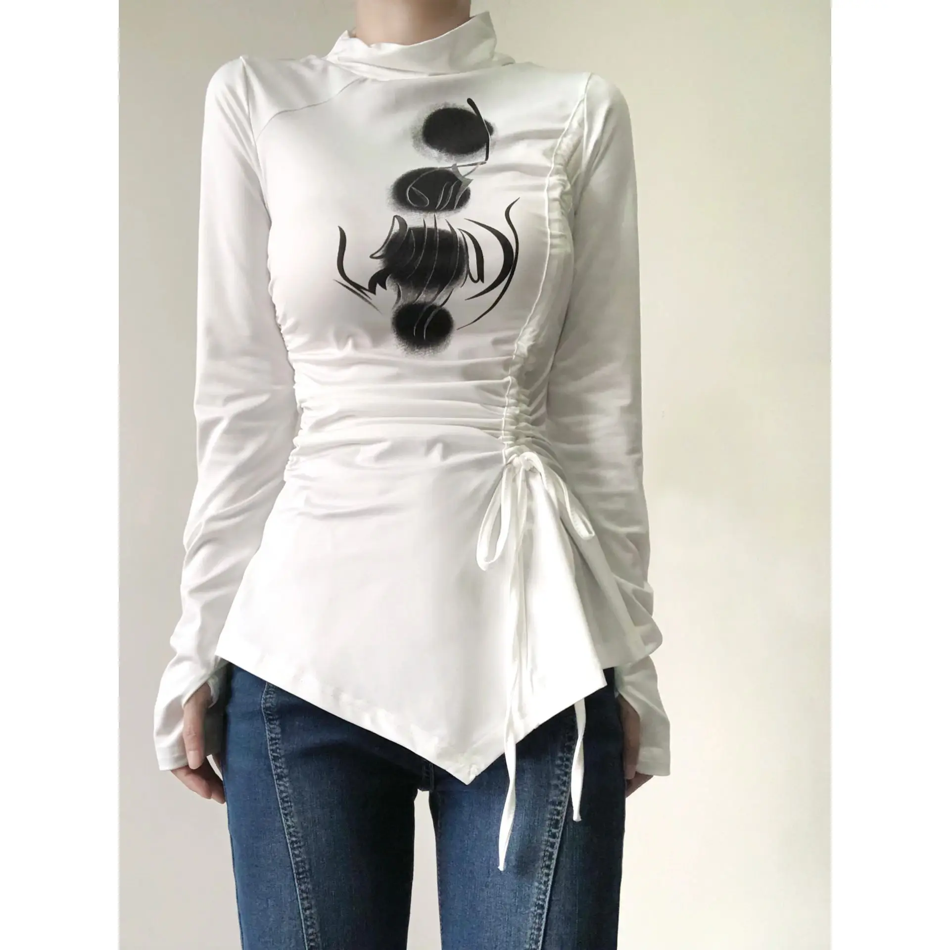 

Женский Повседневный Асимметричный топ с завязками Y2k, футболки в стиле Харадзюку, Базовая Универсальная однотонная туника с длинным рукавом и зауженной талией, женские футболки