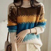 2022 half high neck sweater womens new autumn and winter fashion loose and versatile top pullover color matching sweater