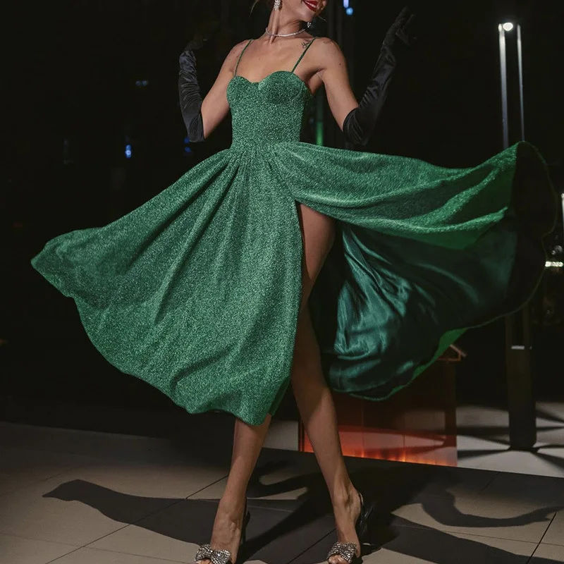 

Women's Elegant Sleeveless Evening Dress Fashion Solid Color Fine Flash Waist Long Dress Sexy Strapless High Split Halter Dress
