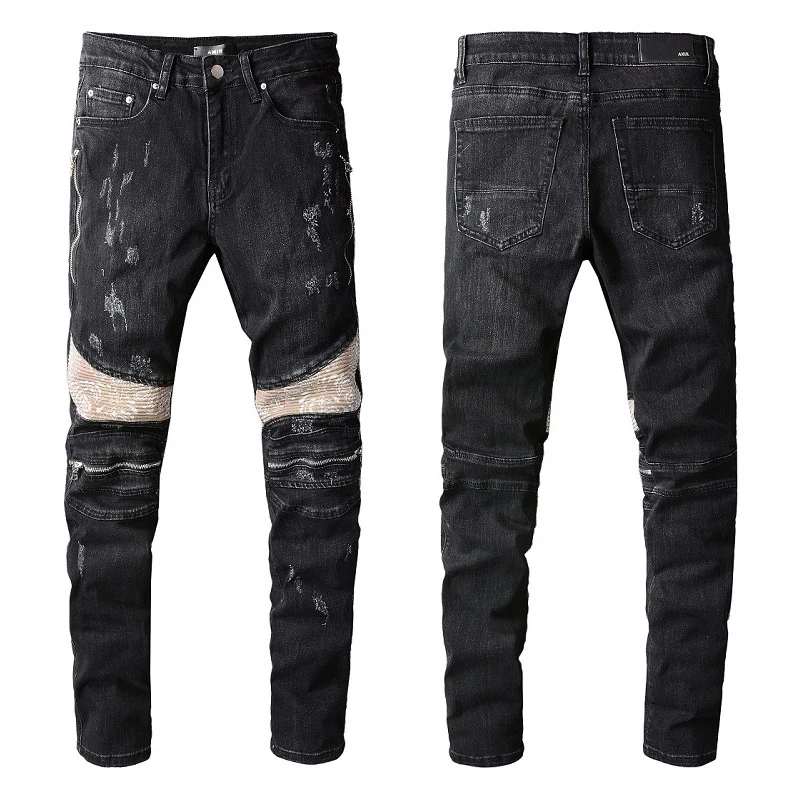 

Motorcycle Pants Black Jeans Homme Luxury Brand AMR Ripped Jeans For Men Patchwork Jeans Brand Ripped Motorcycle Pants Men