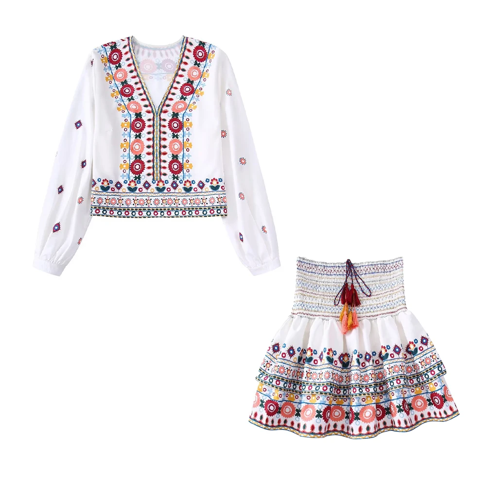

Women's New Contrast Color Embroidered V-Neck Cropped Top Long Sleeves Chic Fashion Shirt + High Waist Lace-Up Mini Skirt Suit
