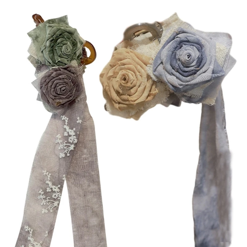 

Long Ribbon Decor Flower Shape Hair Claw Adult Hanfu High Ponytail Hair Clip