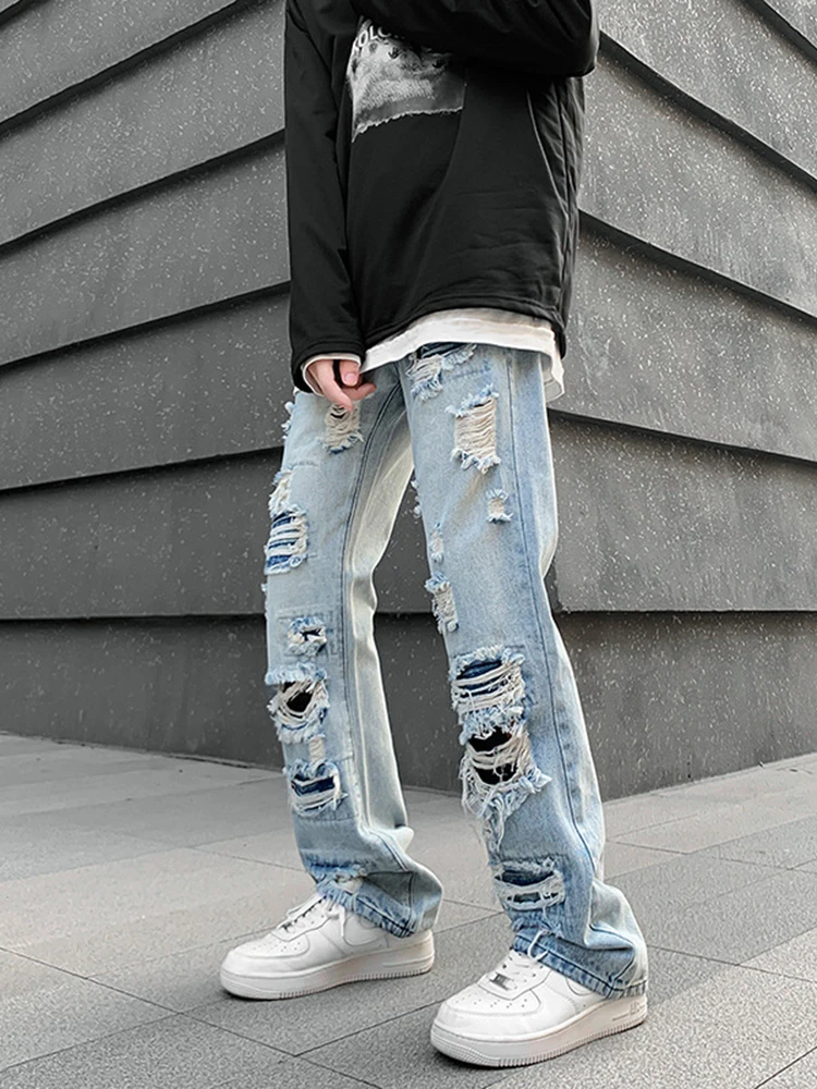 European and American Style Men's Ripped Jeans Trendy Design Straight Leg Y2K Denim Pants Hip Hop Trousers Men Pants Baggy Jeans