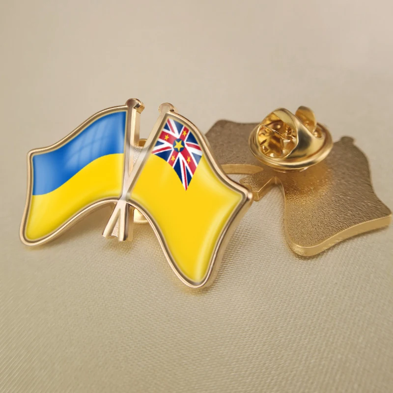 

Ukraine and Niue Crossed Double Friendship Flags Lapel Pins Brooch Badges