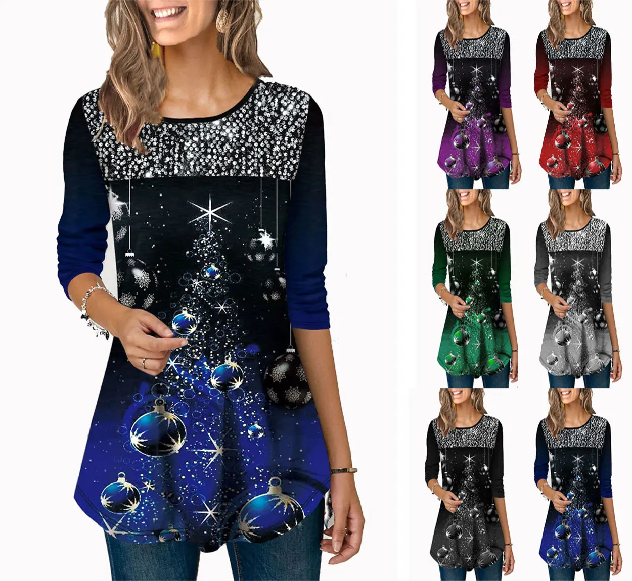 

2022 autumn/Winter new European and American women's top Fashion Christmas 3D printed round neck T-shirt