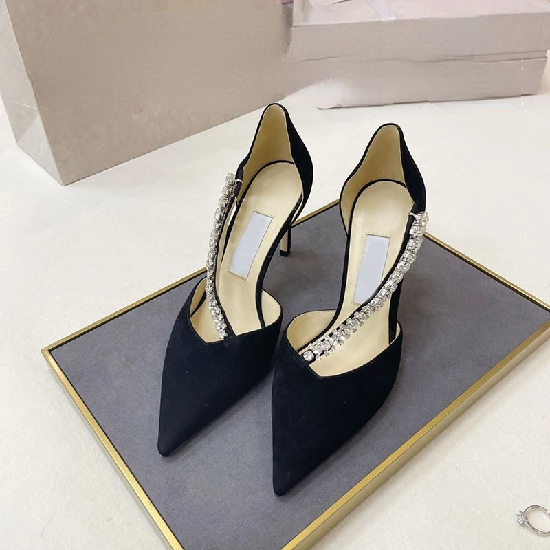 

Новинка 2023, женские туфли, с острым носком, на шпильке, с вырезами, замшевые свадебные туфли на высоком каблуке с кристаллами