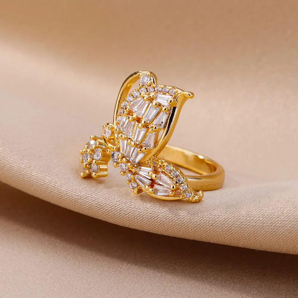 

Vintage Gold Color Butterfly Zircon Rings For Women Adjustable Stainless Steel Anillos Wedding Aesthetic Jewelry Rings Gift