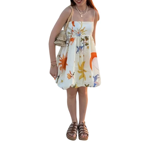 Meihuida New Women Summer Beach Mini Cami Dress Sleeveless Open Back Pattern Print Peplum Hem Cocktail Dress