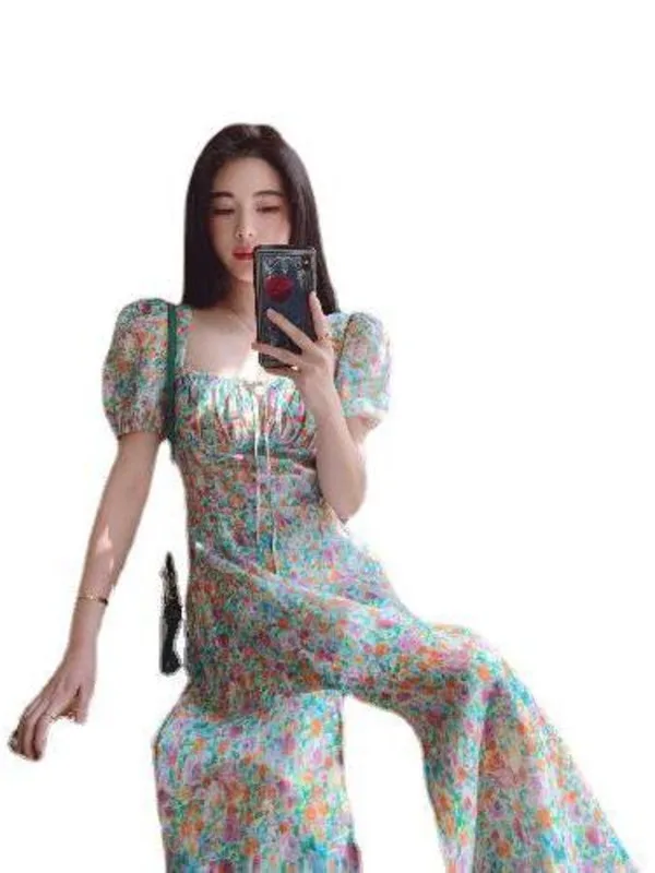 Женское платье с принтом из искусственного шифона Корейская модель облегающее