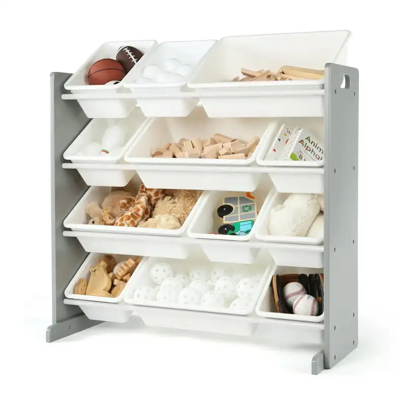 

Children Wood and Plastic Organizing Rack with 12 Bins, Gray and White