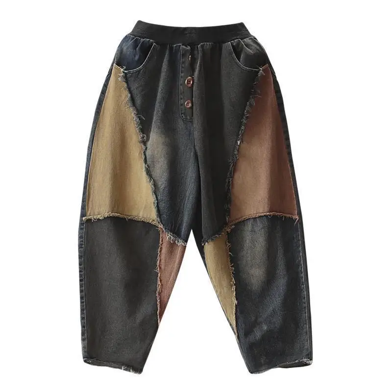 DEEPTOWN Baggy Patchwork Jeans Men Loose Casual Denim Pants Streetwear Hip Hop Black Trousers Male Vintage High Street Spring