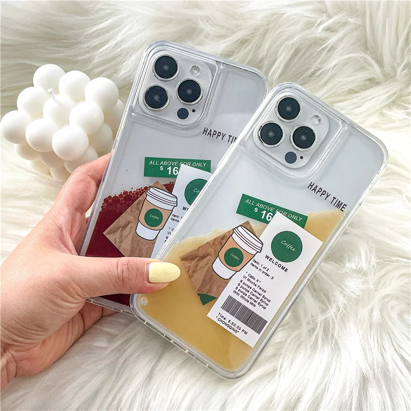 

14 Pro Case Coffee Latte Liquid Quicksand Clear Cover for iPhone 12 13 11 Pro Max XR X XS 6 7 8 Plus SE 2020 Transparent Cases