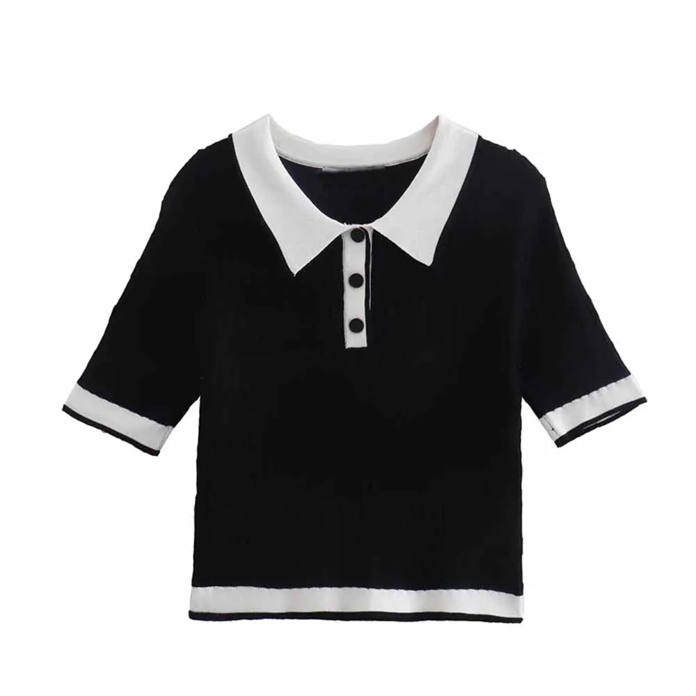 

URMASZA 2022 women's spring and summer new fashion color-blocking slim knitted lapel single-breasted button t shirt women