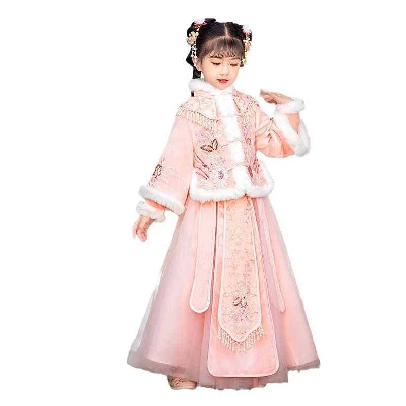 Зимнее теплое платье Hanfu для девочек с вышивкой в стиле ретро традиционное