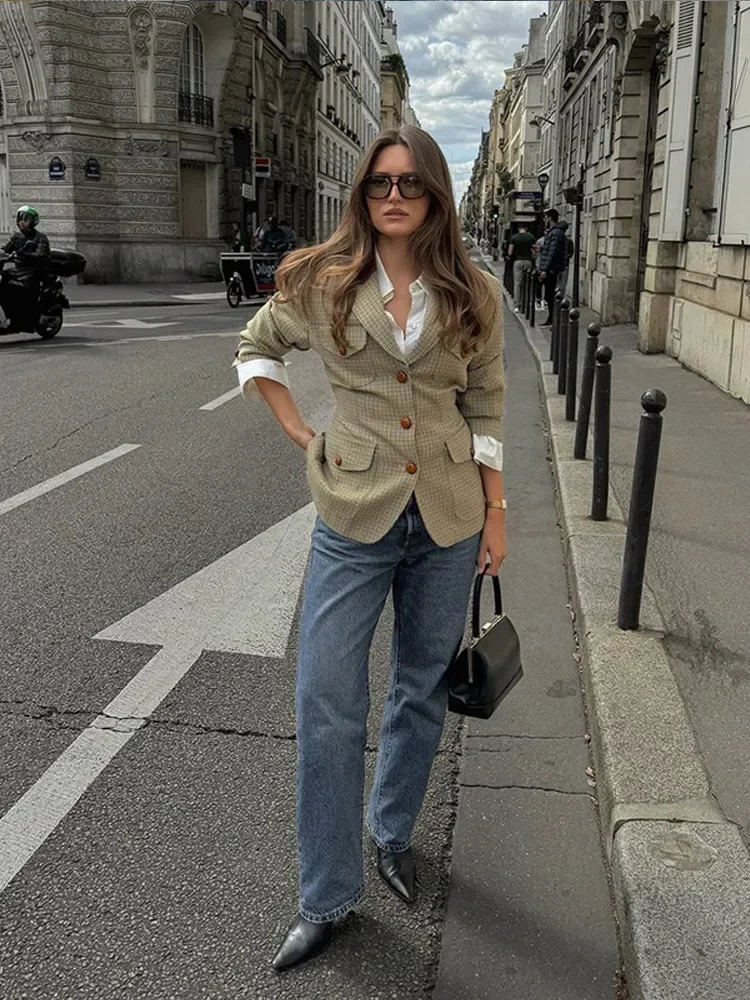 Повседневный женский тонкий клетчатый пиджак шикарный однобортный с отложным